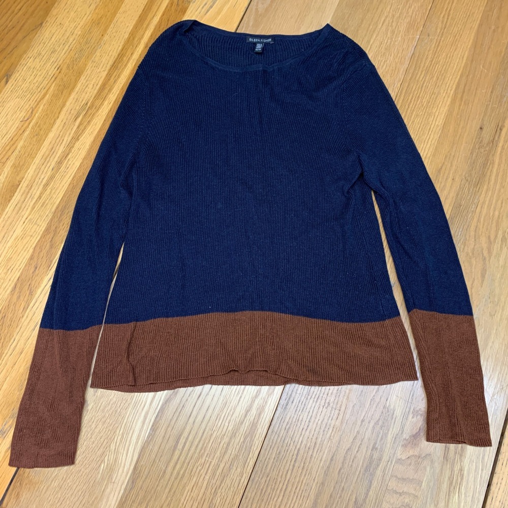 Eileen Fisher Navy Brown Colorblock Silk Tencel Knit Sweater Size XS F18FVE